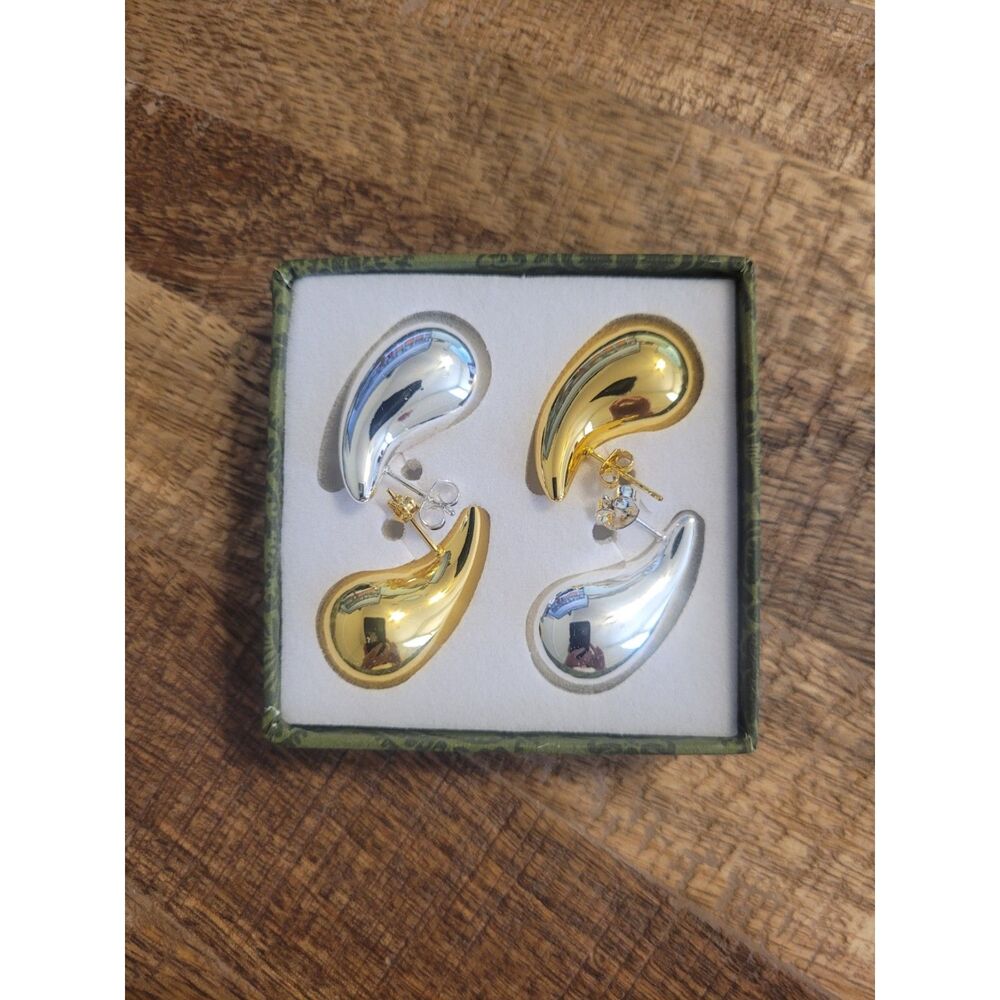 Chunky Teardrop Hoop Earrings 2 Pair Set Gold & Silver Tone Statement Jewelry